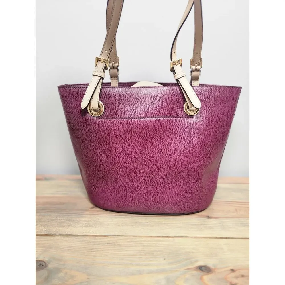 Michael Kors Burgundy Tote Shoulder Bag Gold Hardware Logo Charm Beige Straps